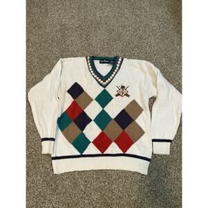 Par Four Sweater Large Golf Knit White Argyle Embroidered Golfer Vintage Read